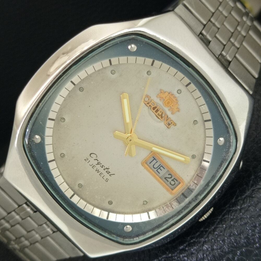 Vintage 1982 Orient Automatic Mens Silver Watch W/daydate & Gold accents